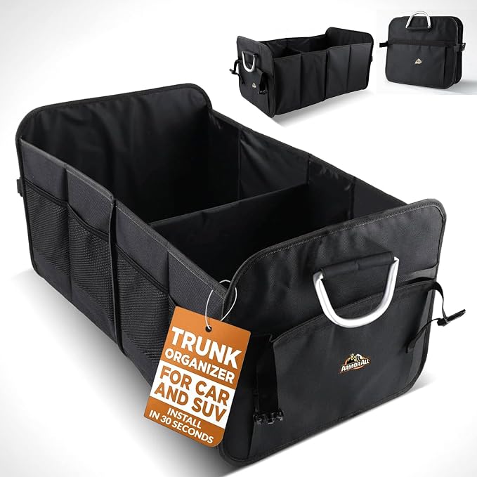Armor All Car Trunk Organizer, Collapsible Multi-Compartment Car Organizers with Strong Aluminum Handles Foldable and Waterproof, Suitable for Any Car, SUV, Mini-Van, Black