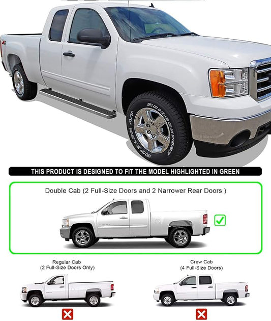 APS (Silver 5in 304 Stainless Steel) Running Boards Side Bar Compatible with Chevy Silverado GMC Sierra 1500 2500 1999-2013 Double Cab & 2500HD 3500 2001-2014 (Exclude CK Classic)