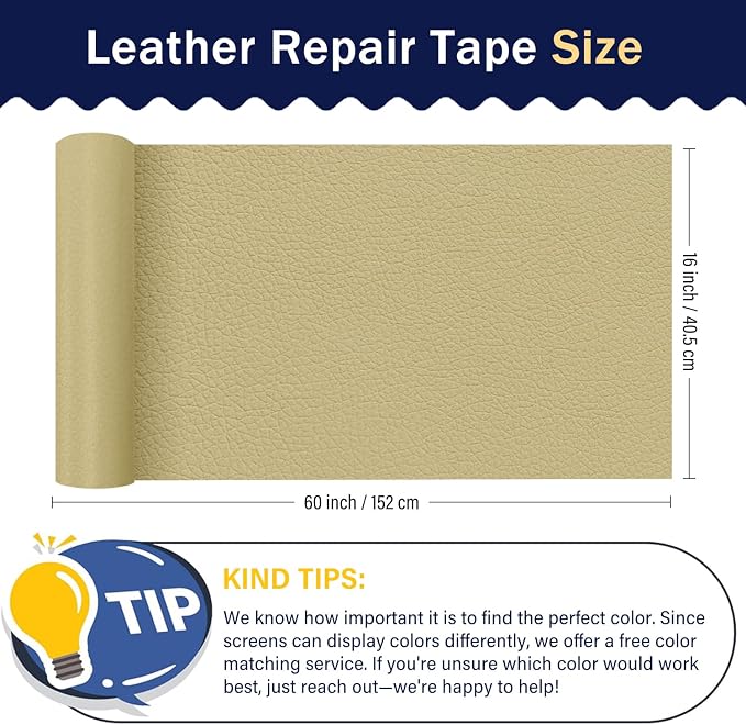 Zenyao Leather Repair Patch Tape - Self Adhesive Leather Repair Kit for Car Seat Furniture, Heavy Duty Vinyl Repair Patch for Couch Sofa, Waterproof Fix for Tears, 16x60 Inch Roll, White Khaki