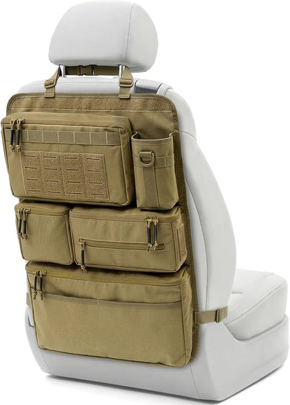 All in One Car Seat Back Organizer, Heavy Duty Molle Panel Seat Back Protector with Multi-Pockets Storage for Tools, Camping, Travel, Fit Most Cars SUV Trucks Jeeps Pickups