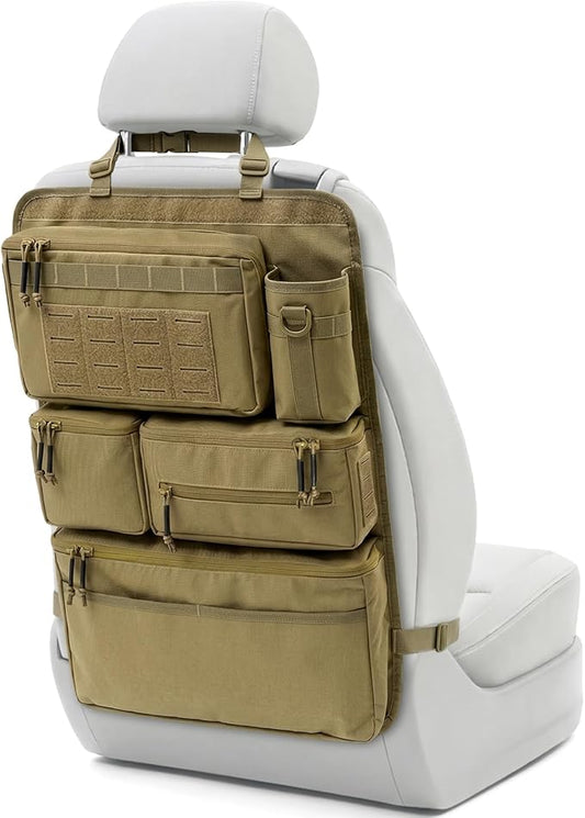 All in One Car Seat Back Organizer, Heavy Duty Molle Panel Seat Back Protector with Multi-Pockets Storage for Tools, Camping, Travel, Fit Most Cars SUV Trucks Jeeps Pickups