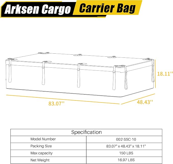 ARKSEN Extra-Wide 42 Cubic Feet Waterproof Rooftop Cargo Carrier Bag Heavy Duty Car Roof Rack Bag for Full-Size Cars w/ 8 Door Hook Straps +1 Combination Lock, 12 Reinforced Straps & Anti-Slip Mat
