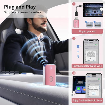 Wireless Carplay Adapter for iPhone, Convert Wired Carplay to Wireless, 2 in 1 Plug and Play Mini CarPlay Android Auto Adapter for iOS 10 Android 11 and Above, Cars with Built-in Carplay (Rose Pink)