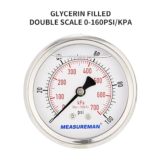MEASUREMAN 2-1/2inch Dial Size, Glycerin Filled Pressure Gauge, 0-100psi/kpa, 304 Stainless Steel Case, 1/4 Inch NPT Center Back Mount
