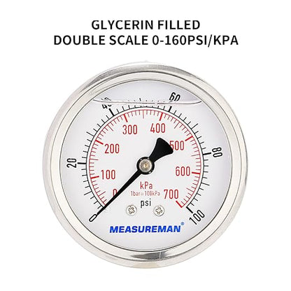 MEASUREMAN 2-1/2inch Dial Size, Glycerin Filled Pressure Gauge, 0-100psi/kpa, 304 Stainless Steel Case, 1/4 Inch NPT Center Back Mount