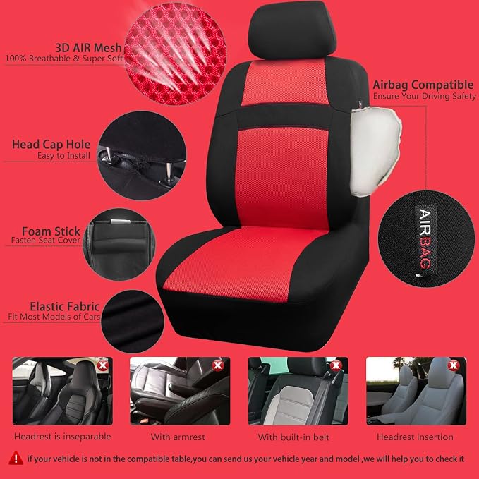 CAR PASS Rainbow Universal Fit 3D Air Mesh Car Seat Cover with 5mm Composite Sponge Inside,Airbag Compatible (Black Red)