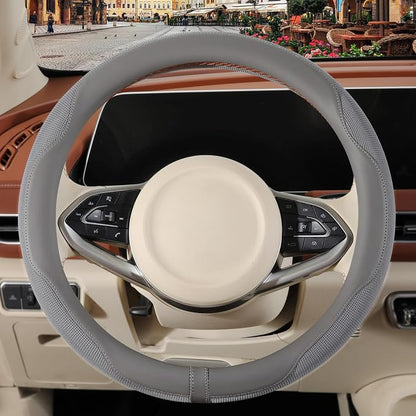 Nappa Leather Gray Steering Wheel Cover, Advanced Microfiber Leather Non-Slip Breathable Fabric, Warm in Winter and Cool in Summer, Universal 15 inch