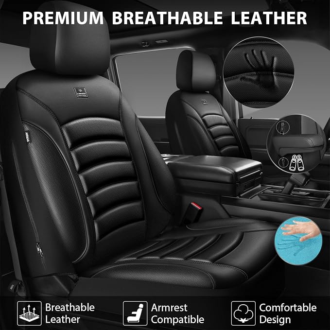 CAR PASS 3D Foam PU Leather Car Seat Covers, Universal Seat Covers Full Sets for Trucks SUV Sedan Automotive Seat Covers Armrest Airbag Compatible Waterproof Comfortable Faux Nappa Leather Pure Black