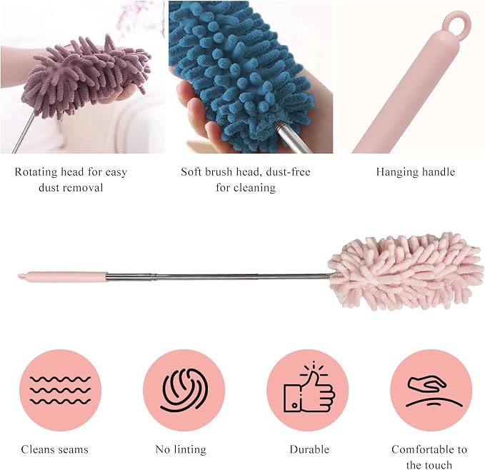 2PCS Car Interior Duster with Extension Pole, 11.8" to 30.5" Retractable Dusters Auto Dash Cleaning Tool, Soft Chenille Hand Washable Dusters for Car Window Furniture Office (Light Pink)