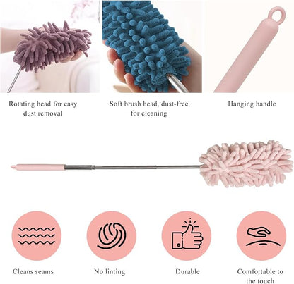 2PCS Car Interior Duster with Extension Pole, 11.8" to 30.5" Retractable Dusters Auto Dash Cleaning Tool, Soft Chenille Hand Washable Dusters for Car Window Furniture Office (Light Pink)