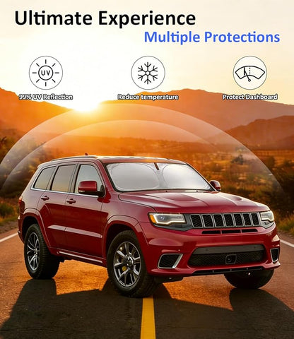 Windshield Sun Shade for 2011-2021 Jeep Grand Cherokee Accessories, Car Front Window Sun Visor Protector & Heat Shield | 240T Sunshade Protection Blocks UV Rays Keep Your Car Cooler