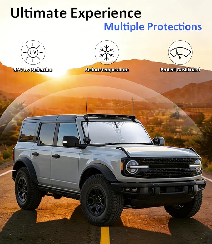 Windshield Sun Shade for Ford Bronco (Not for Bronco Sport) 2021-2024 2025 2026 Accessories Car Front Window Sun Visor & Heat Shield | 420D Sunshade Protection Blocks UV Rays