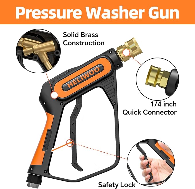 Short Pressure Washer Gun with Foam Cannon 5000 PSI, 1/4 Inch Quick Connector, with 5 Pressure Washer Nozzle Tips, 1 Liter