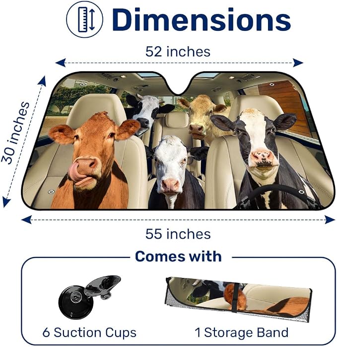 GENANY Cute Cow Family Funny Windshield Sun Shade for Car SUV Truck (55x30 Inches), Sun Shade Windshield, Protector Blocks UV, Spring Car Decor