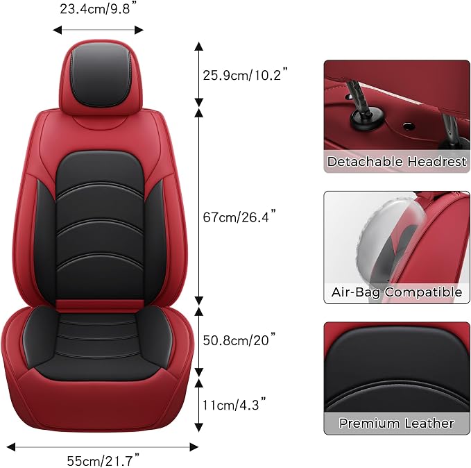 otoez Car Seat Covers Full Set, 5 Seats Waterproof Universal Leather Seat Cover for Cars, Front Rear Automotive Interior Protectors Full Coverage for Most Cars Sedens Trucks SUVs, Black+Red