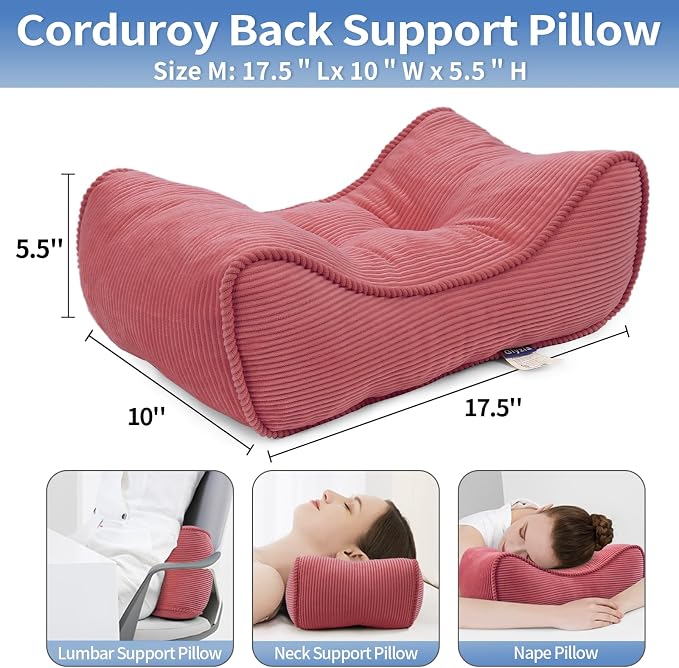 Lumbar Support Pillow for Office Chairs, Bite-Size Natural Latex Foam Back Support Pillow for Lower Back Pain Relief, Soft & Support Corduroy Desk Chair Cushion, M, Pink