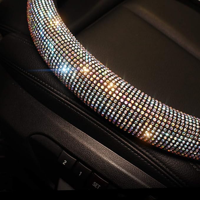 Car Sparkly Steering Wheel Cover Bedazzled for Women Girls, Large Size 15 1/2''-16'' inch Colorful Bling Anti-Slip Wheel Protector, Black