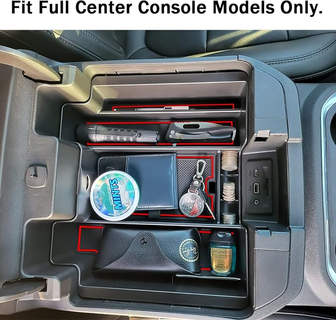 Center Console Organizer Compatible with 2020-2023 Silverado/Sierra 2500/3500HD/ 2019-2022 Chevy Silverado 1500 / GMC Sierra 1500 Accessories - Full-Coverage Insert Tray, ABS material,Red