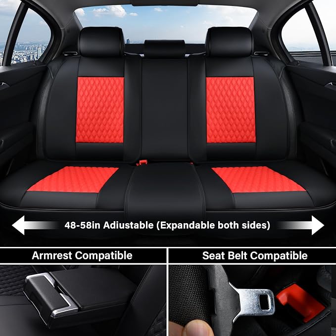 Coverado Car Seat Covers Full Set, 5 Seat Leather Seat Covers for Cars, Car Seat Protector with Lumbar Support, Waterproof Seat Covers Universal Fit for Most Cars SUV Trucks (Red&Black)