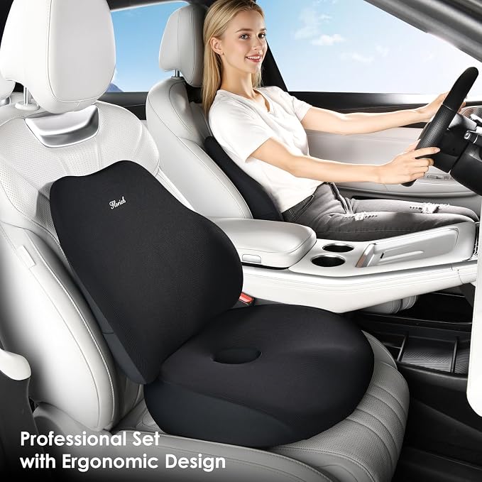 FLORICH Large Car Seat Cushion and Lumbar Support Pillow, Ergonomic Memory Foam Driving Seat Cushion for Back & Sciatica Pain Relief, Non-Slip Washable Seat Cushion for Car, Driver, Office-Black