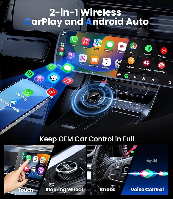 Teeran 2 in 1 Wireless CarPlay and Android Auto Adapter, Easy Setup Plug and Play, Fast Seamless Use Supports 1000+ Cars with Built-in Wired Car Play/Android Auto Compact Design Car Adapter (Black)
