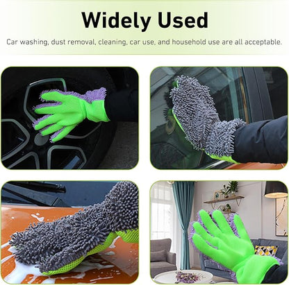 2 PCS Car Wash Mitts, 5-Finger Microfiber Scratch-Free Cleaning Gloves, Double-Sided Coral Velvet Car Interior Exterior Wash Gloves, Universal Cleaning Tool for Cars Families (Gray&Green)