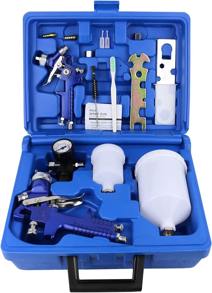 2-Sprayer HVLP Air Gravity Spray paint Gun,1.0mm 150ml & 1.4mm 600ml Auto Gravity Feed Painting with Locking Air Pressure Regulator Gauge Air Spray Nozzle Gun for Cake Decoration,Model Making