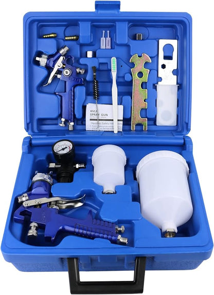 2-Sprayer HVLP Air Gravity Spray paint Gun,1.0mm 150ml & 1.4mm 600ml Auto Gravity Feed Painting with Locking Air Pressure Regulator Gauge Air Spray Nozzle Gun for Cake Decoration,Model Making