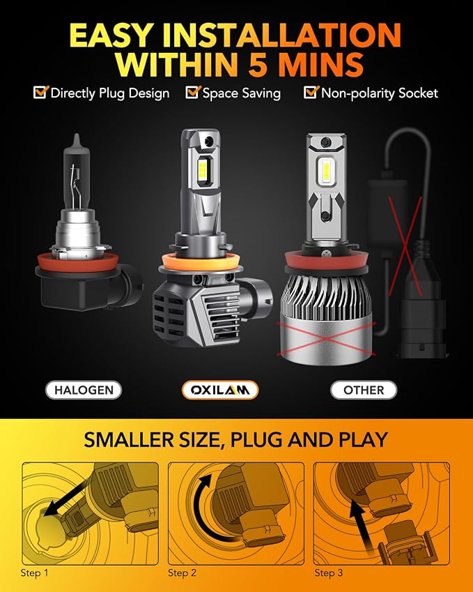 OXILAM M5S H11 9005 Light Bulbs Combo, 130,000LM 1500% Brighter 6500K Cool White, 9005/HB3 Hi-Beam H11/H9/H8 Lo-Beam Halogen Replacement, IP68 Waterproof, Pack of 4