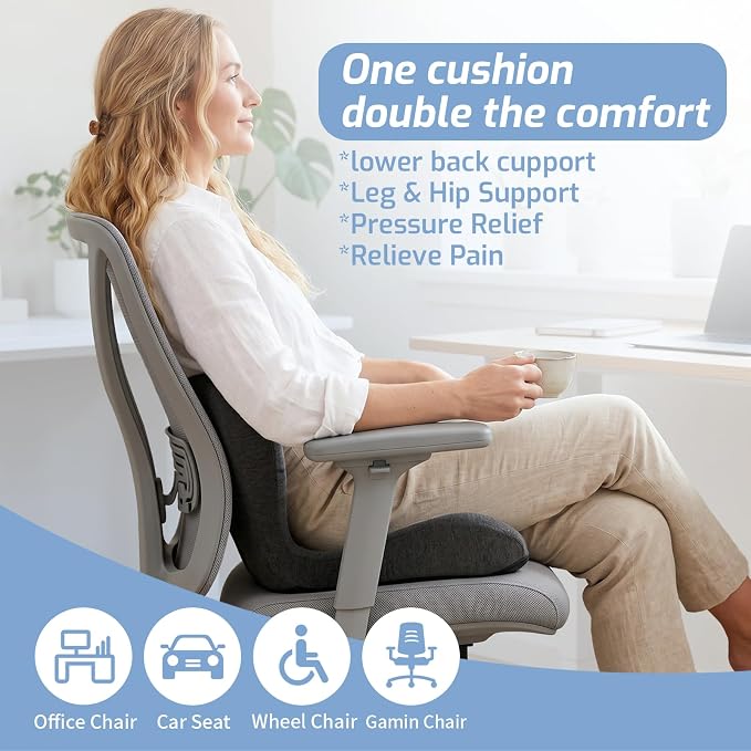 Memory Foam Seat Cushion,Office Chair Cushion with Lumbar Support for Back Pressure Relief, Car Seat Cushion with Adjustable Strap,Sciatica Pad Cushions for Car,Truck, Desk (Black)