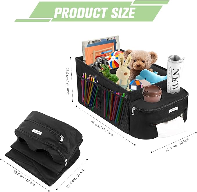 FUNNy elf Passenger Seat Organizer, Collapsible Car Storage with Partitions & 4 Cup Holders for Front or Back Seat