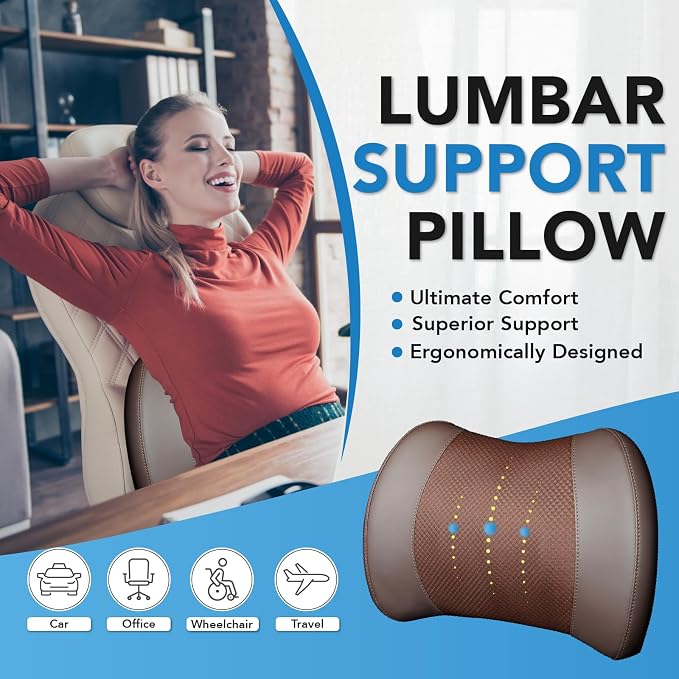 Lofty Aim Lumbar Support Pillow for Car, Memory Foam Lumbar Pillow for Lower Back Pain Relief - Back Cushion for Driving, Chair Support for Car-Office Chair, Wheelchair - Brown