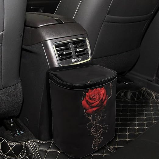 BIGCARJOB Romantic Rose Leak-Proof Car Trash Bin for Back Seat,Red Rose Car Interior Accessories Waste Basket Storage for Vehicle Truck,Women Girls Travel Camping Picnic Lage Trash Can Garbage Bin