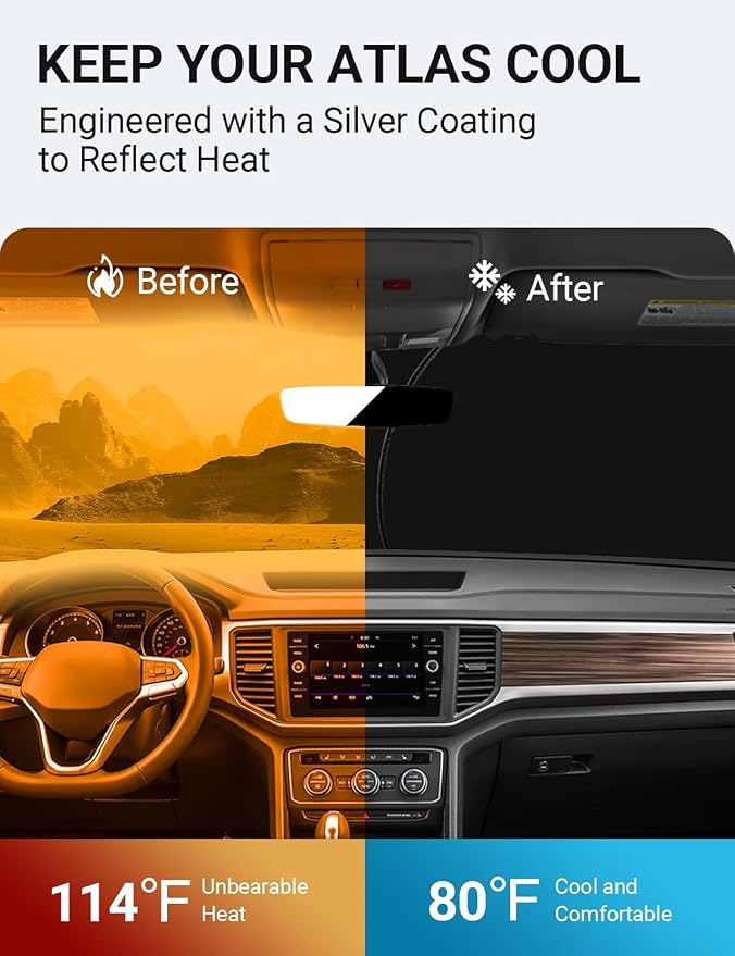 Proadsy Windshield Sun Shade Custom Fit Volkswagen Atlas 2018-2024 2025 2026 4-Layer Foldable Front Sunshade Protector Sun Visor Blocks UV Rays Keep Car Cooler