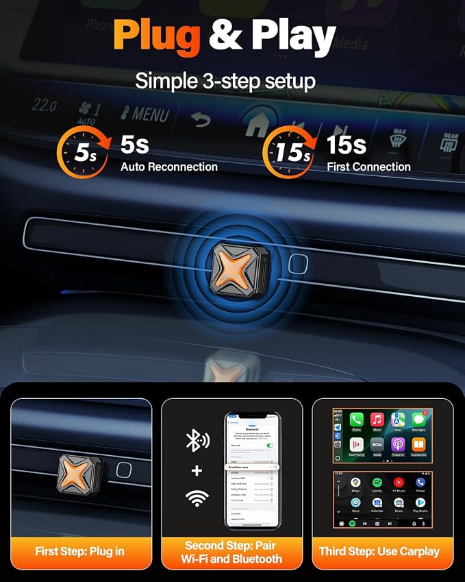2026 Upgraded Mini Android Auto & Apple CarPlay Wireless Adapter for iPhone, Latest A7 Chip One-Click Switch, 3s Auto Connect, Bluetooth 6.0, 5.8GHz WiFi, Compatible with iOS 12+, Android 11+.