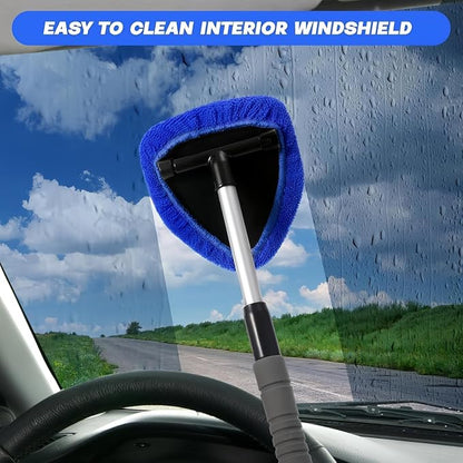 Windshield Cleaning Tool, Extendable Handle Car Window Cleaner with 5 Reusable and Washable Microfiber Pads, Auto Glass Wiper Kit for Interior & Exterior, Ideal for Dirty Car Windows (Green)