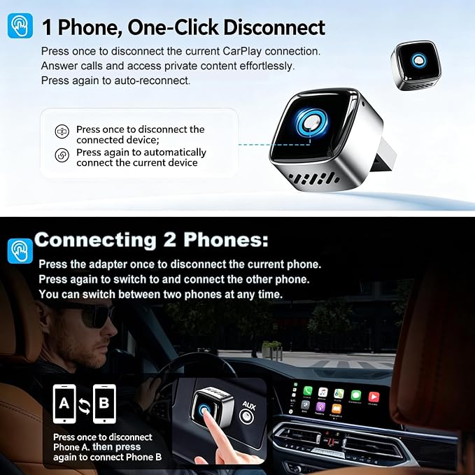 Mini Wireless CarPlay Adapter for iPhone/Android Auto, 2-in-1 Wired to Wireless Car Dongle, One-Click Switch, 5s Auto Reconnect, 5.8GHz WiFi+Bluetooth5.4, Compatible with iOS10+/Android10+，Black
