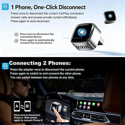 Mini Wireless CarPlay Adapter for iPhone/Android Auto, 2-in-1 Wired to Wireless Car Dongle, One-Click Switch, 5s Auto Reconnect, 5.8GHz WiFi+Bluetooth5.4, Compatible with iOS10+/Android10+，Black