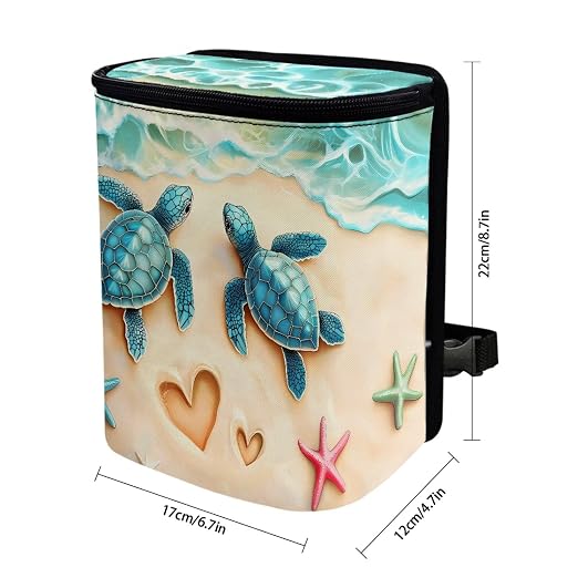 Talayituse Turtle Starfish Heart Beach Print Car Trash Can with Lid, Leak Proof Auto Trash Bag Hanging Vehicle Garbage Can Multipurpose Storage Container for Back Seat Road Trip