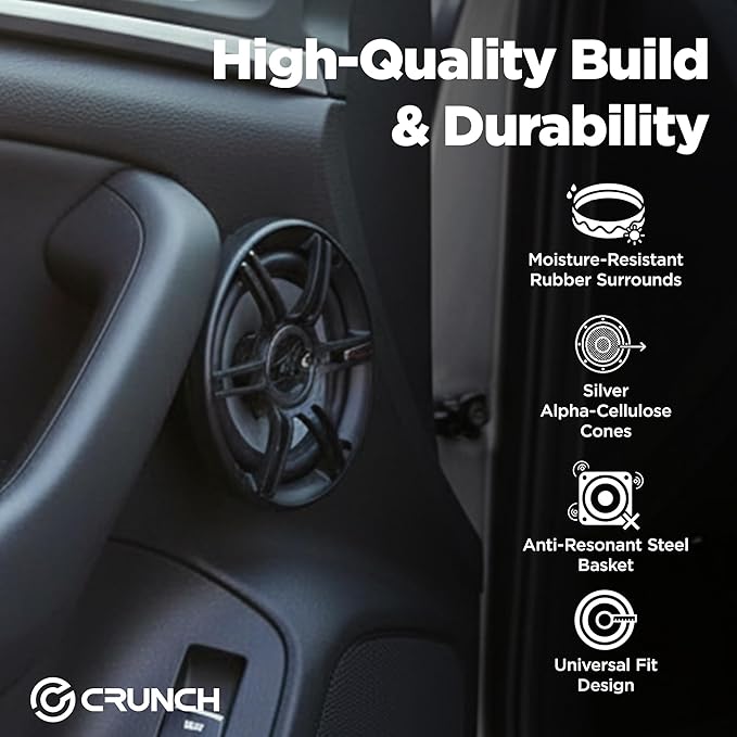 Crunch 2 Pair 6.5 Inch Car Audio Speakers, 300 Watt MAX 3 Way Full Range Speaker Set with 1 Inch Tweeter & Spade Terminal Connectors, CS-653