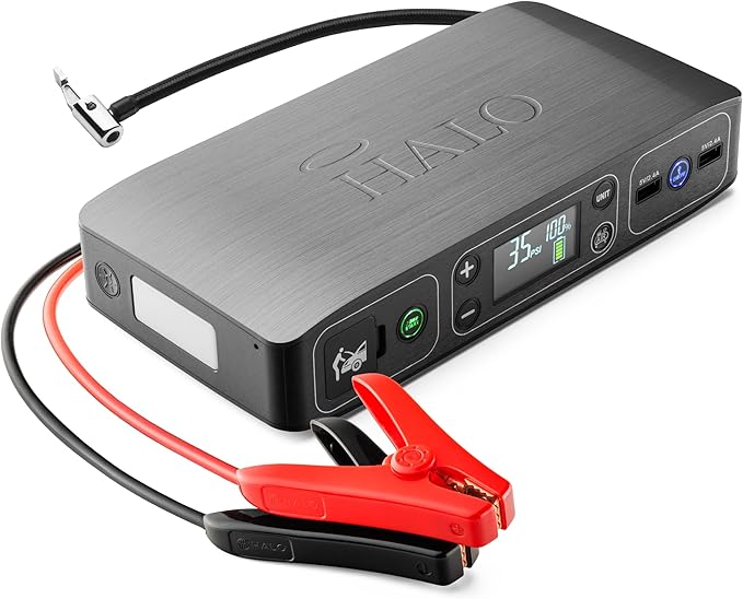 HALO Bolt Air 58830 Portable Car Battery Jump Starter | 100 PSI Air Compressor, 58.8Wh USB Power Bank, Emergency Floodlight & Charger, Jumps Cars SUVs & Trucks, Inflates Tires, TSA Approved — Gray