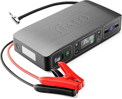 HALO Bolt Air 58830 Portable Car Battery Jump Starter | 100 PSI Air Compressor, 58.8Wh USB Power Bank, Emergency Floodlight & Charger, Jumps Cars SUVs & Trucks, Inflates Tires, TSA Approved — Gray