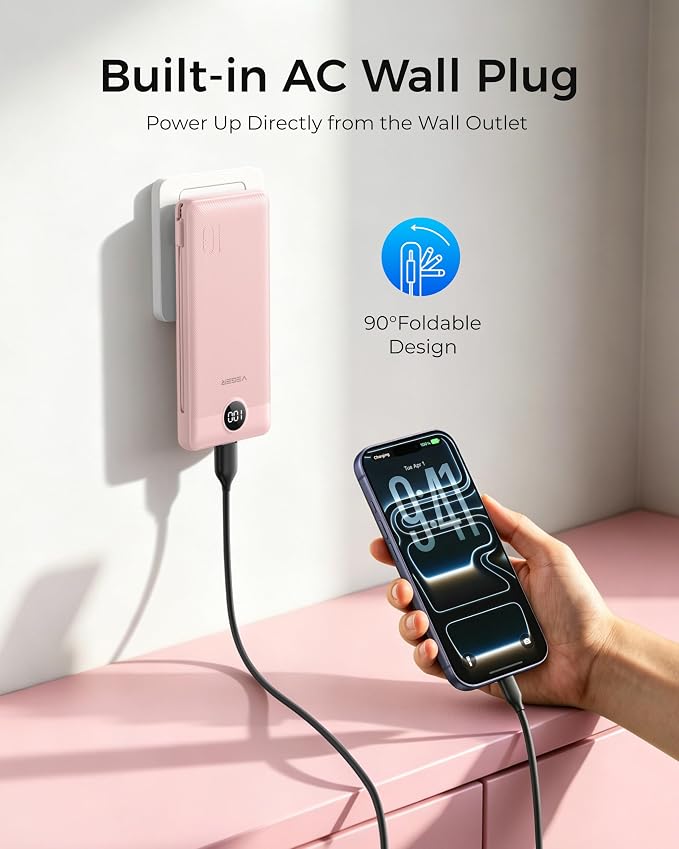VEGER Portable Charger with Built-in AC Plug and Cables, All in One 10000mAh Ultra Slim Power Bank Travel Essentials, Fast Charging Battery Pack Compatible with iPhone, Samsung, Android, Crepe