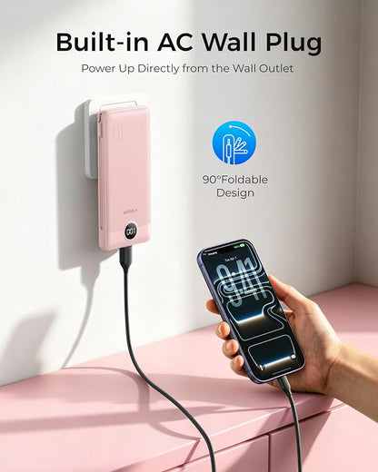 VEGER Portable Charger with Built-in AC Plug and Cables, All in One 10000mAh Ultra Slim Power Bank Travel Essentials, Fast Charging Battery Pack Compatible with iPhone, Samsung, Android, Crepe
