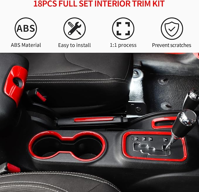 18PCS Full Set Interior Trim Kit for Jeep Wrangler JK JKU 2011-2018 4 Door,Center Console Door Handle Side Outlet Cup Holder Gear Cover Trim (Red)