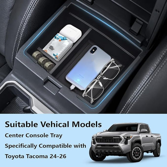 Center Console Organizer Tray fits 2024-2026 Toyota Tacoma Accessories, ABS Plastic & Anti-Slip Rubber Storage Box with Charging Hole for Tacoma Interior Accessories