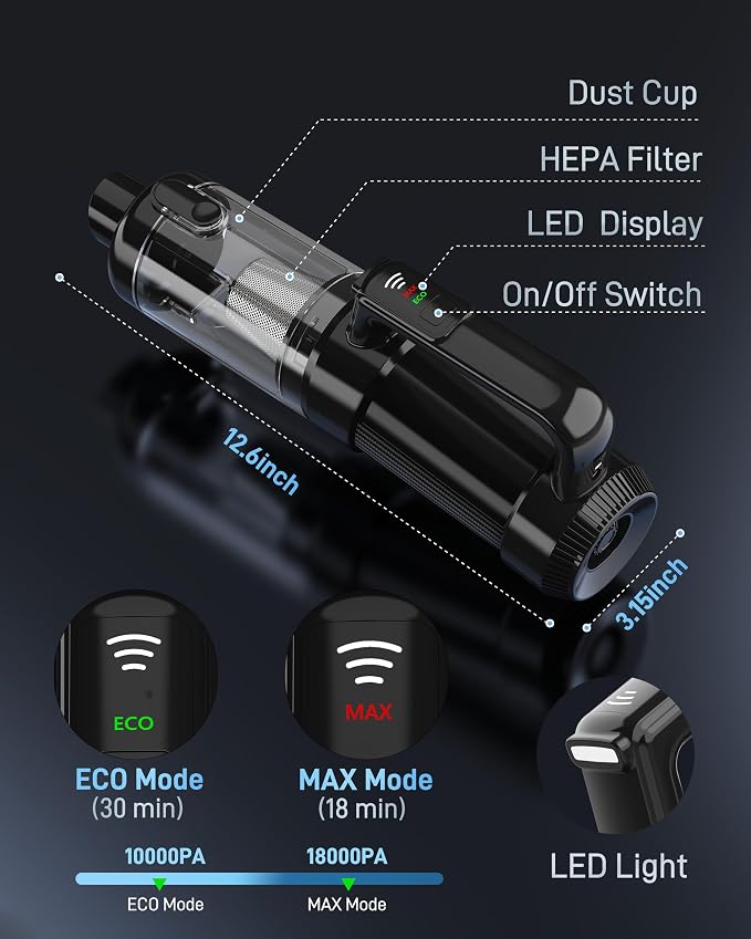 Handheld Vacuum Cordless, 18000PA Strong Suction Car Vacuum Cleaner Portable with Brushless Motor & LED Light, Hand Vacuum with Multi-Nozzles & Washable Filter for Home Office, Car, Pets