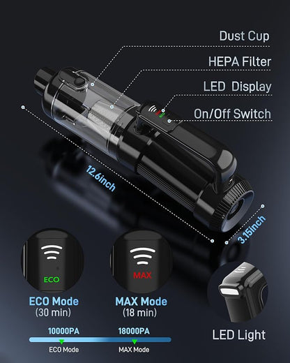 Handheld Vacuum Cordless, 18000PA Strong Suction Car Vacuum Cleaner Portable with Brushless Motor & LED Light, Hand Vacuum with Multi-Nozzles & Washable Filter for Home Office, Car, Pets
