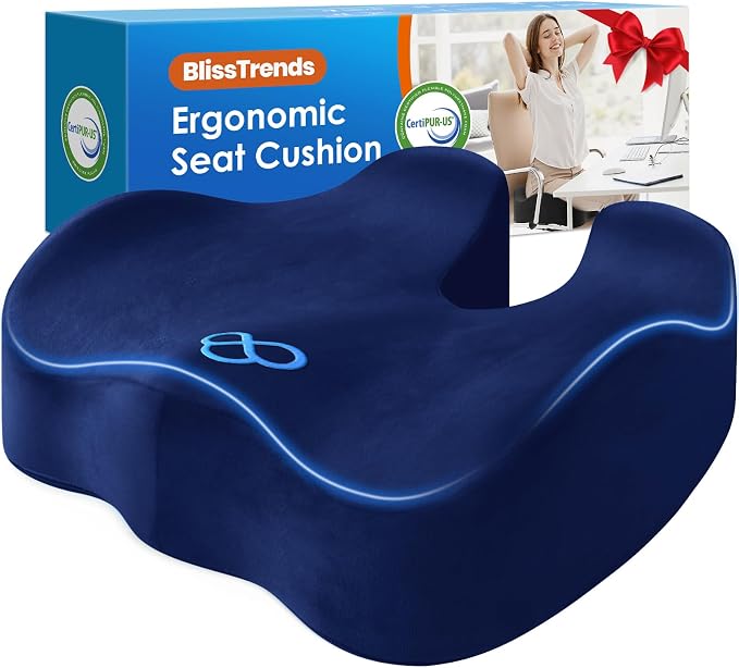 BlissTrends Seat Cushion,5.2in Thick Memory Foam Cushions for Office Chair, Car Seat, Airplane, Relieving Pressure Tailbone Sciatica Back Pain for Long Sitting Office Workers, Car Drivers Blue