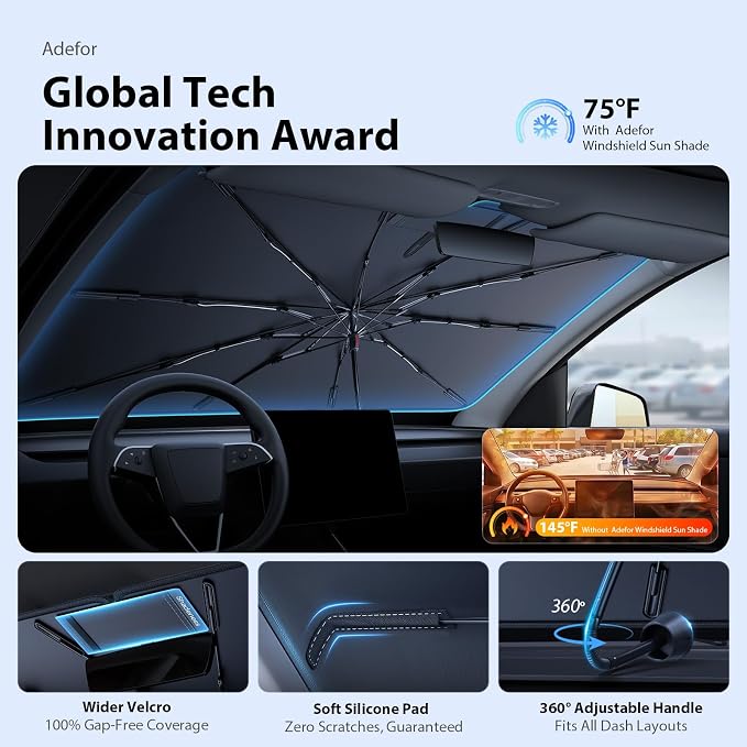 2026 Upgraded Windshield Sun Shade Umbrella for Tesla Model 3 [Precision Custom Fit, Superior UV & Heat Block] Cooling Tech Fabric, Durable Foldable with Storage Bag, Fits 2017-2026